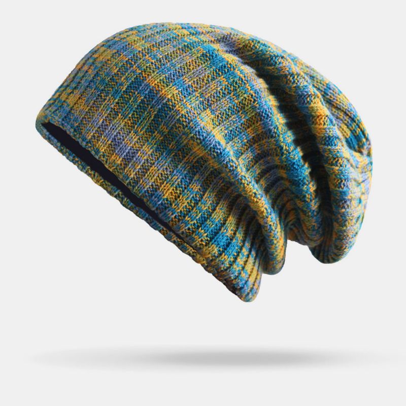 Unisex Woolen Mixed Rainbow Color Stripes Pattern Plus Velvet Thick Warm Couple Hat Beanie Strickmütze