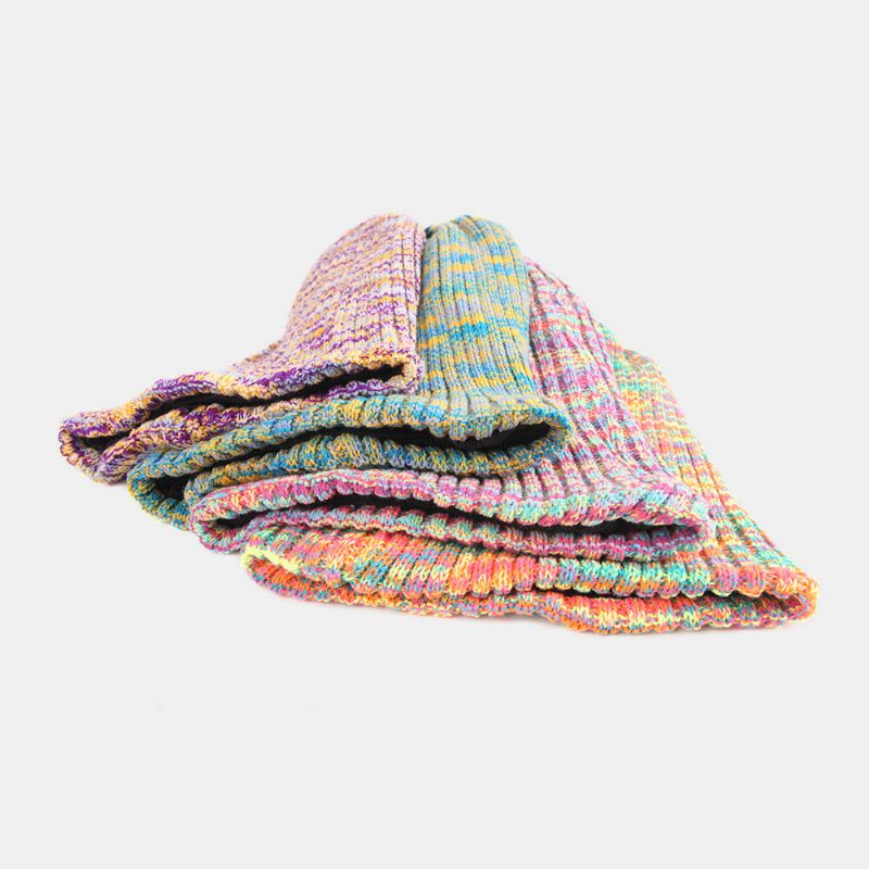 Unisex Woolen Mixed Rainbow Color Stripes Pattern Plus Velvet Thick Warm Couple Hat Beanie Strickmütze