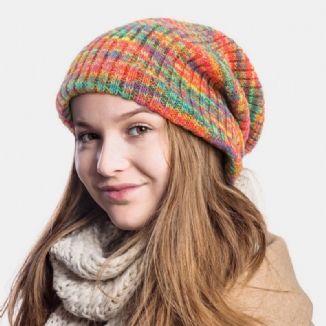 Unisex Woolen Mixed Rainbow Color Stripes Pattern Plus Velvet Thick Warm Couple Hat Beanie Strickmütze