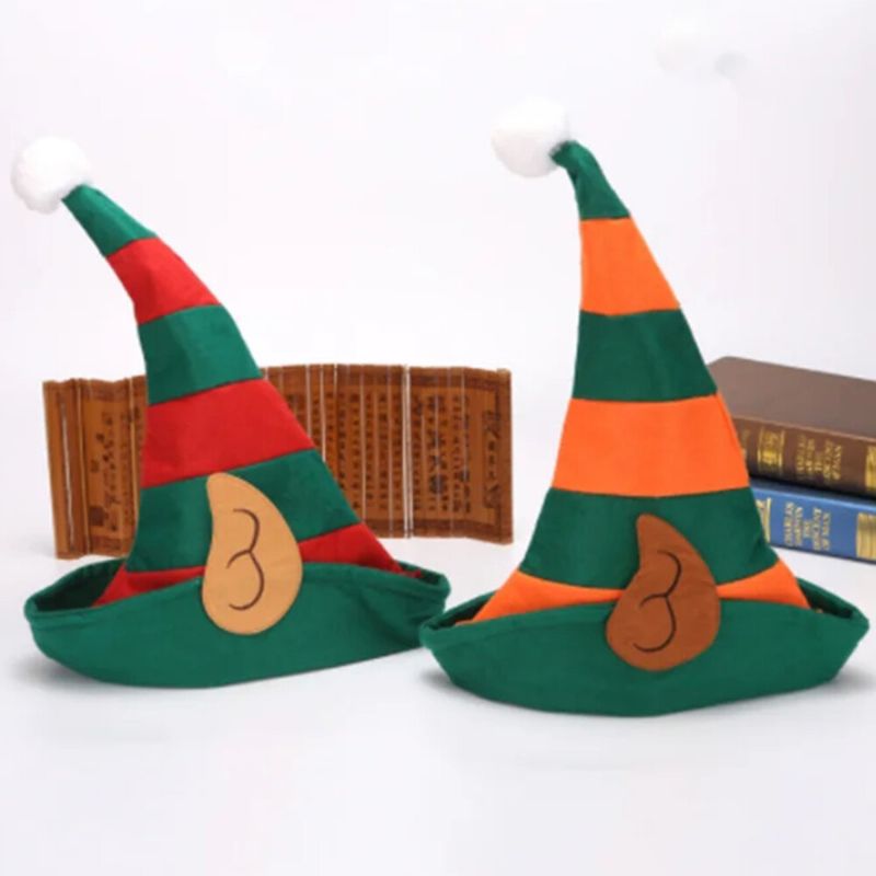 Unsiex Weihnachtsfestlicher Little Elf Cosplay Elf Ear Orange Red Stripe Pattern Hat