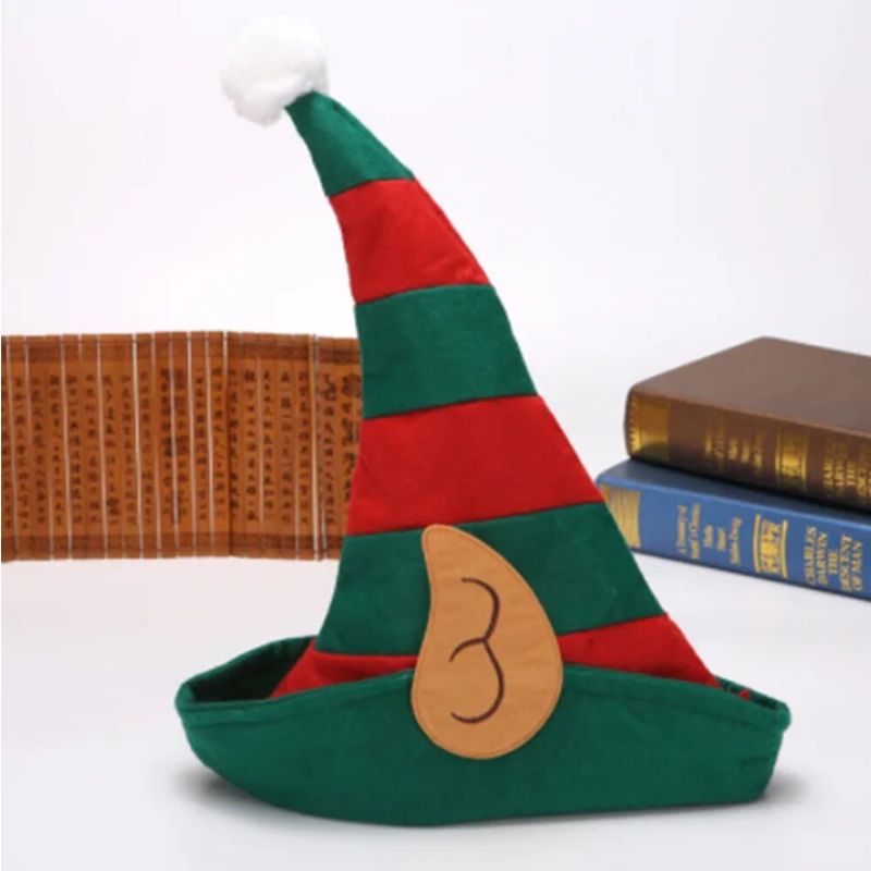 Unsiex Weihnachtsfestlicher Little Elf Cosplay Elf Ear Orange Red Stripe Pattern Hat