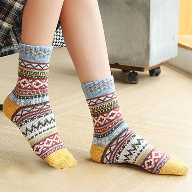 5 Paar Damen Wolle Baumwolle Verdickte Geometrische Gestreifte Punktmuster Atmungsaktive Warme Socken Schlauchsocke