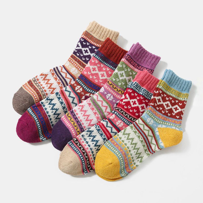 5 Paar Damen Wolle Baumwolle Verdickte Geometrische Gestreifte Punktmuster Atmungsaktive Warme Socken Schlauchsocke