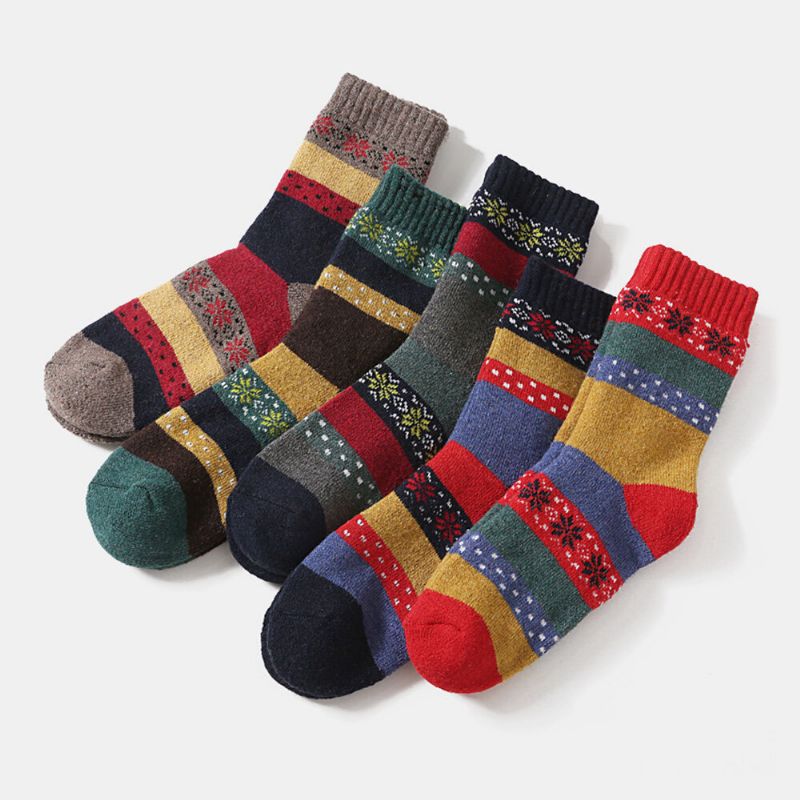 5 Paar Damen Wolle Baumwolle Verdickte Geometrische Gestreifte Punktmuster Atmungsaktive Warme Socken Schlauchsocke