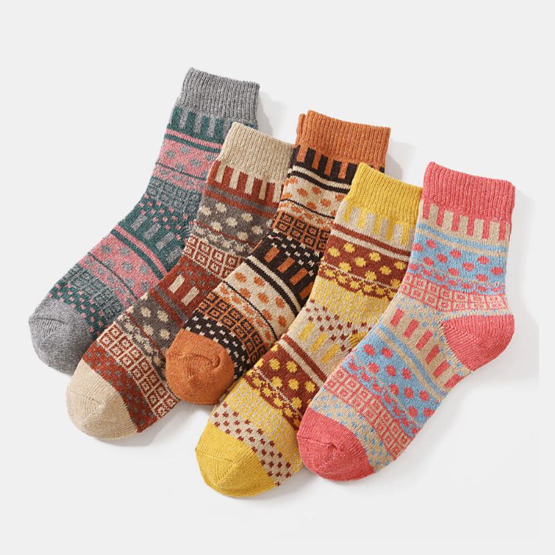 5 Paar Damen Wolle Baumwolle Verdickte Geometrische Gestreifte Punktmuster Atmungsaktive Warme Socken Schlauchsocke