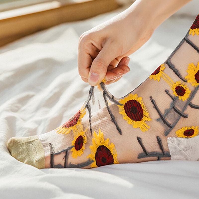 Atmungsaktive Saugfähige Schlauchsocken Aus Ultradünner Baumwolle Mit Sonnenblume Und Weinrebe Für Damen