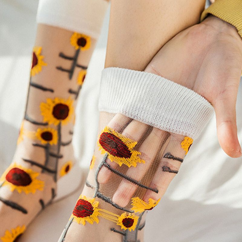 Atmungsaktive Saugfähige Schlauchsocken Aus Ultradünner Baumwolle Mit Sonnenblume Und Weinrebe Für Damen