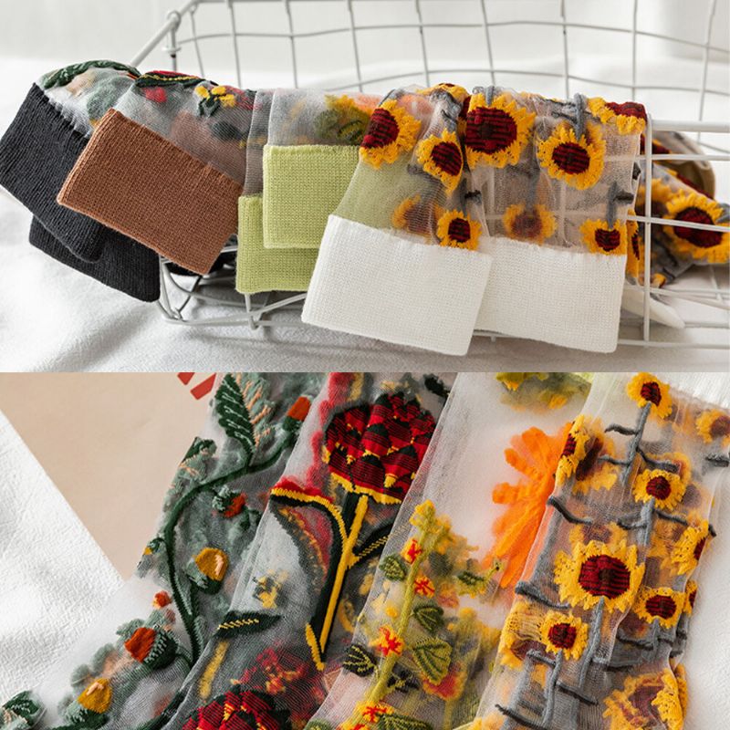 Atmungsaktive Saugfähige Schlauchsocken Aus Ultradünner Baumwolle Mit Sonnenblume Und Weinrebe Für Damen