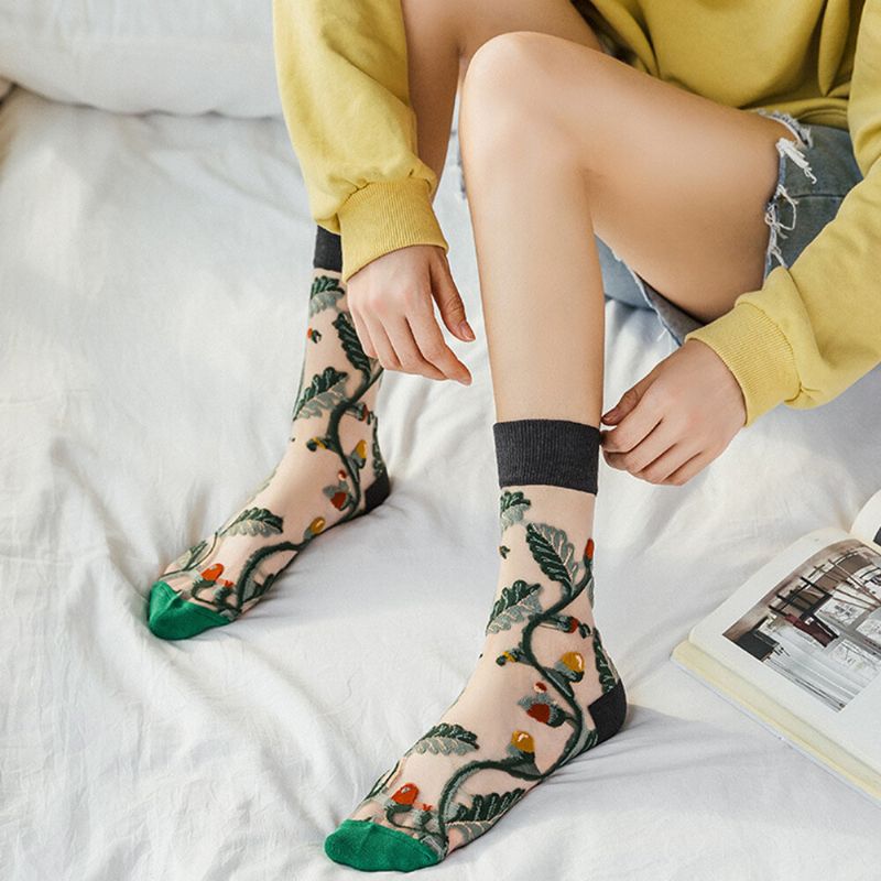 Atmungsaktive Saugfähige Schlauchsocken Aus Ultradünner Baumwolle Mit Sonnenblume Und Weinrebe Für Damen