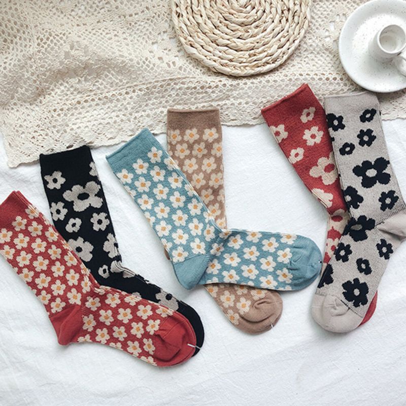 Damen-baumwollsocken Im Britischen Stil Retro-blumenmuster Warme Lässige Schlauchsocken