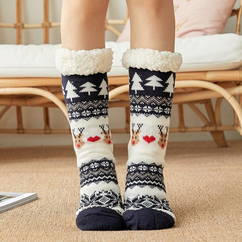 Frauen Baumwolle Warm Winter Outdoor Weihnachten Stil Muster Plus Samt Verdicken Hause Schlaf Socken Schlauchsocken