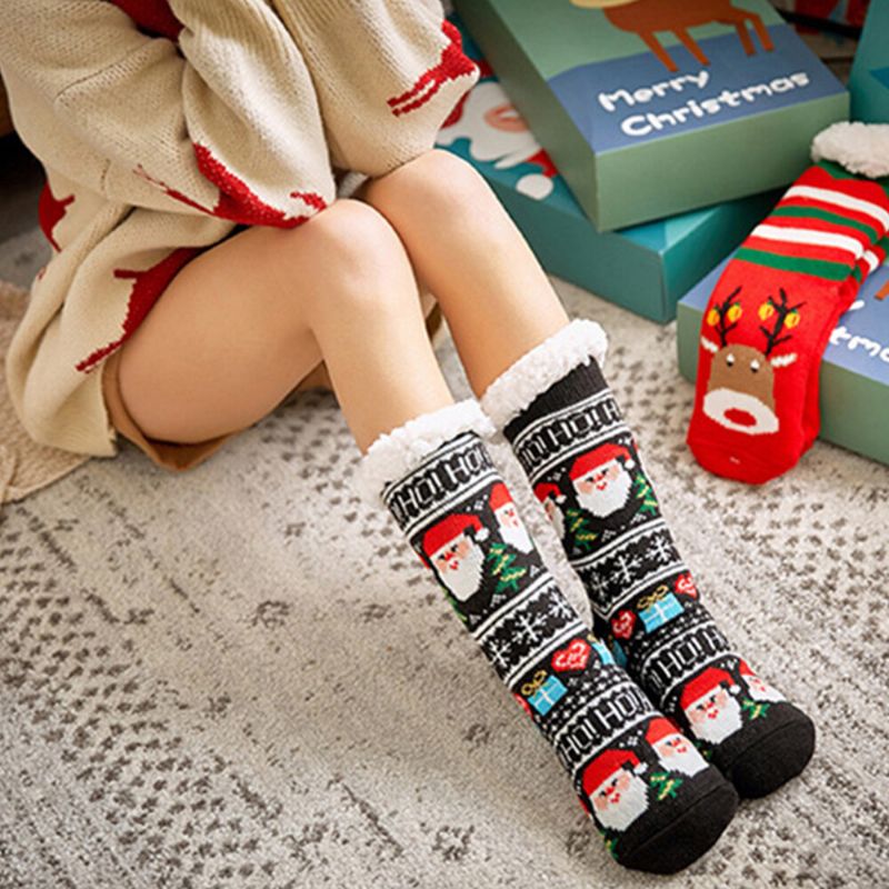 Frauen Baumwolle Warm Winter Outdoor Weihnachten Stil Muster Plus Samt Verdicken Hause Schlaf Socken Schlauchsocken