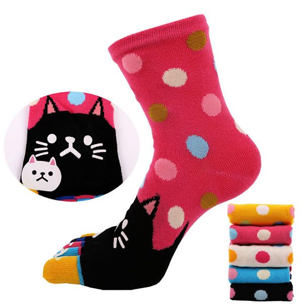 Frauen Süße Cartoon Katze Fünf Zehen Socken Dicke Warme Mittlere Schlauchsocke