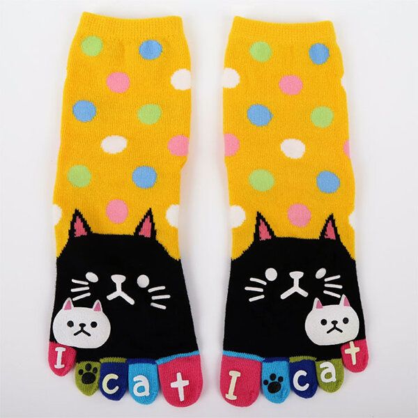 Frauen Süße Cartoon Katze Fünf Zehen Socken Dicke Warme Mittlere Schlauchsocke