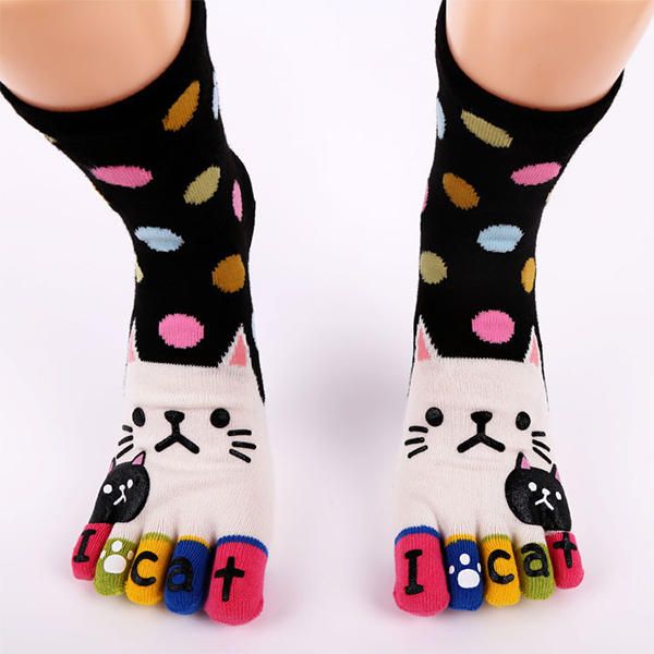 Frauen Süße Cartoon Katze Fünf Zehen Socken Dicke Warme Mittlere Schlauchsocke