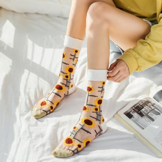 Frauen Ultradünne Baumwolle Sunflower Vine Flower Atmungsaktive Saugfähige Seidenstrümpfe Schlauchsocken