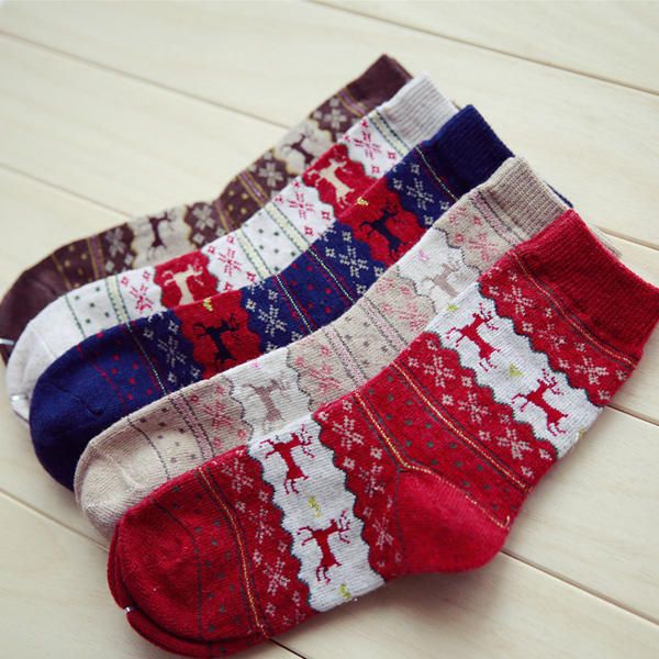 Frauen Verdickte Wollsocken Hirschmuster Weihnachtsstrümpfe