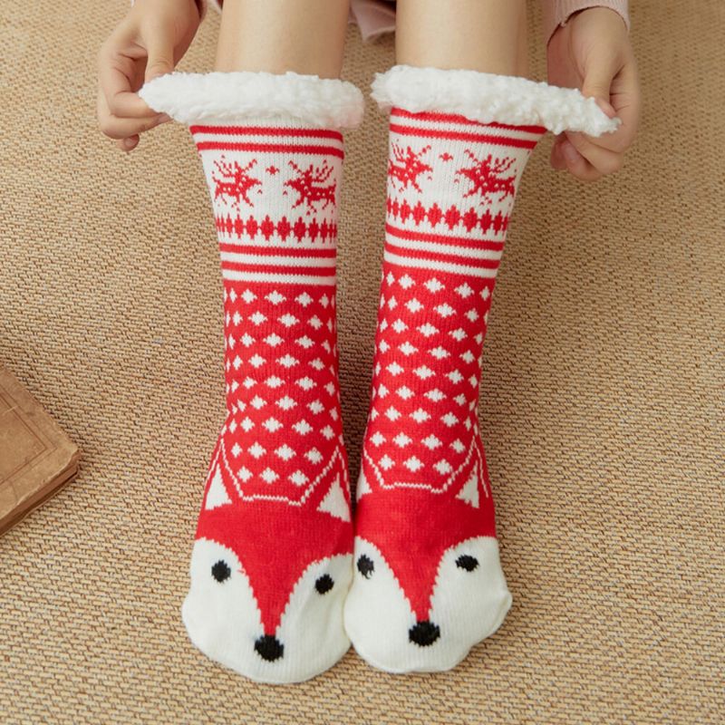 Frauen Warm Winter Outdoor Weihnachten Stil Cartoon Tiere Muster Plus Samt Verdicken Hause Schlaf Socken Schlauchsocken