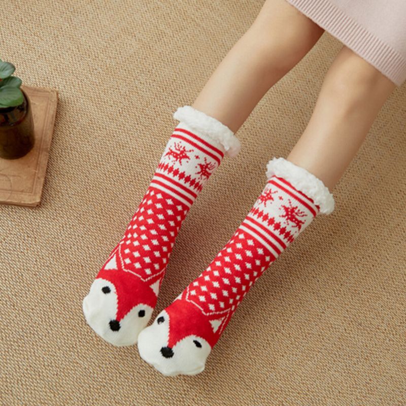 Frauen Warm Winter Outdoor Weihnachten Stil Cartoon Tiere Muster Plus Samt Verdicken Hause Schlaf Socken Schlauchsocken