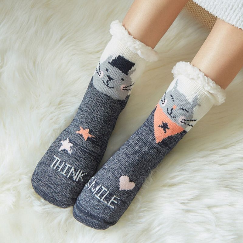 Frauen Warm Winter Outdoor Weihnachten Stil Cartoon Tiere Muster Plus Samt Verdicken Hause Schlaf Socken Schlauchsocken