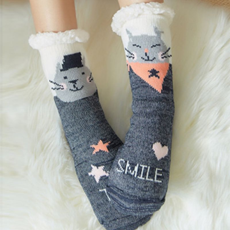 Frauen Warm Winter Outdoor Weihnachten Stil Cartoon Tiere Muster Plus Samt Verdicken Hause Schlaf Socken Schlauchsocken