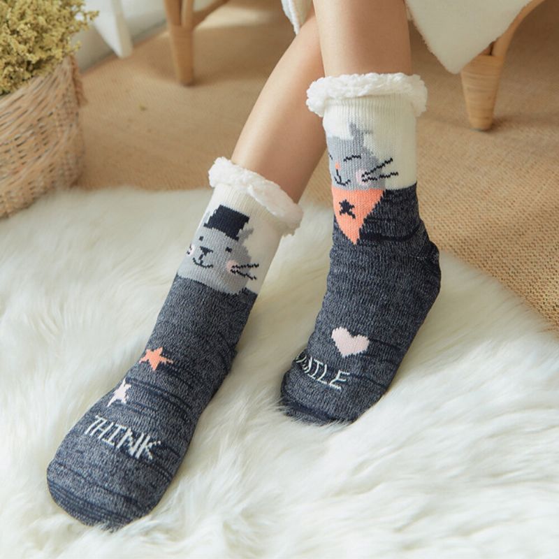 Frauen Warm Winter Outdoor Weihnachten Stil Cartoon Tiere Muster Plus Samt Verdicken Hause Schlaf Socken Schlauchsocken