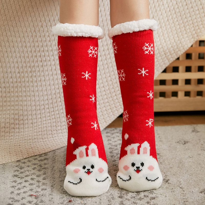 Frauen Warm Winter Outdoor Weihnachten Stil Cartoon Tiere Muster Plus Samt Verdicken Hause Schlaf Socken Schlauchsocken