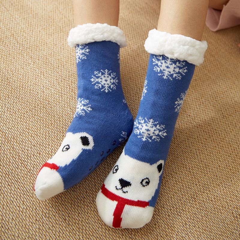 Frauen Warm Winter Outdoor Weihnachten Stil Cartoon Tiere Muster Plus Samt Verdicken Hause Schlaf Socken Schlauchsocken