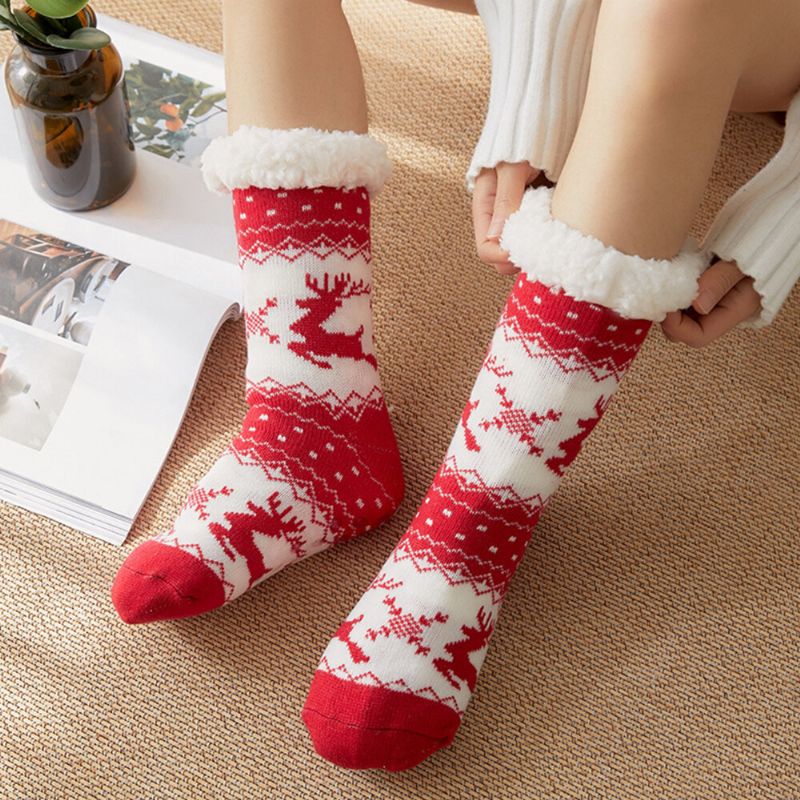 Frauen Warm Winter Outdoor Weihnachten Stil Elch Schneeflocke Muster Plus Samt Verdicken Hause Schlaf Socken Schlauchsocken