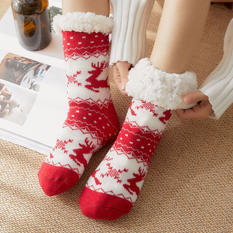 Frauen Warm Winter Outdoor Weihnachten Stil Elch Schneeflocke Muster Plus Samt Verdicken Hause Schlaf Socken Schlauchsocken