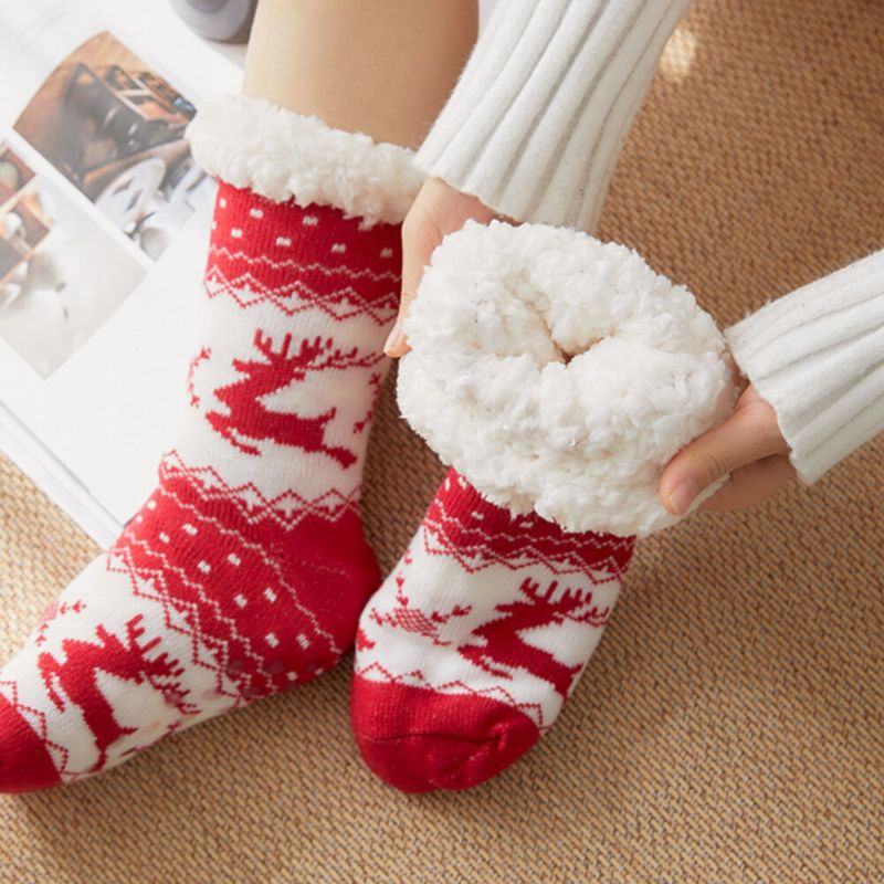 Frauen Warm Winter Outdoor Weihnachten Stil Elch Schneeflocke Muster Plus Samt Verdicken Hause Schlaf Socken Schlauchsocken