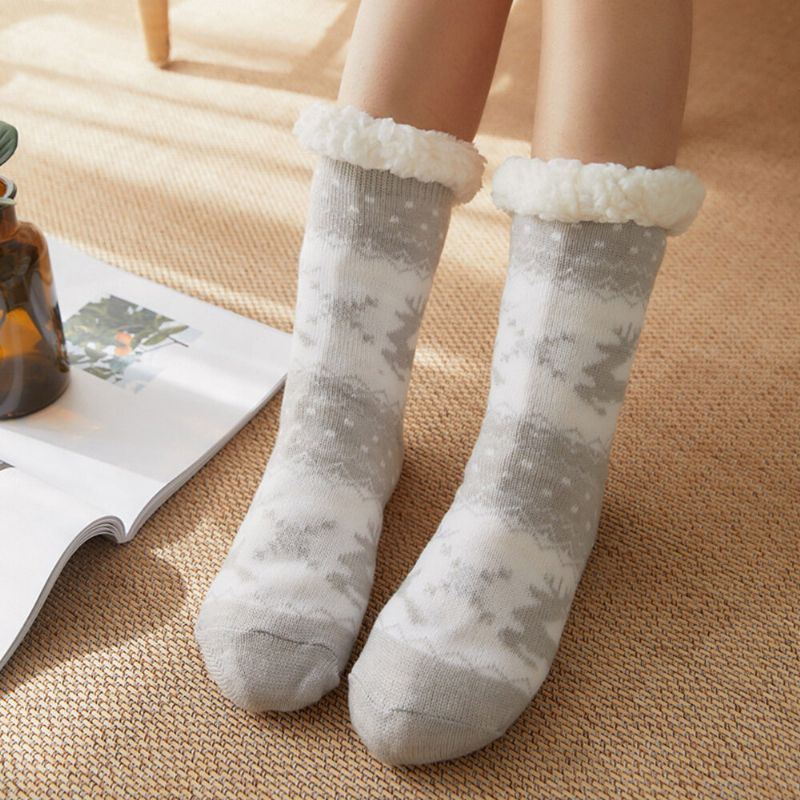 Frauen Warm Winter Outdoor Weihnachten Stil Elch Schneeflocke Muster Plus Samt Verdicken Hause Schlaf Socken Schlauchsocken