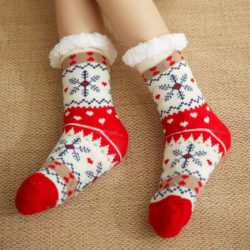 Frauen Warm Winter Outdoor Weihnachten Stil Schneeflockenmuster Plus Samt Verdicken Home Sleep Socken Schlauchsocken