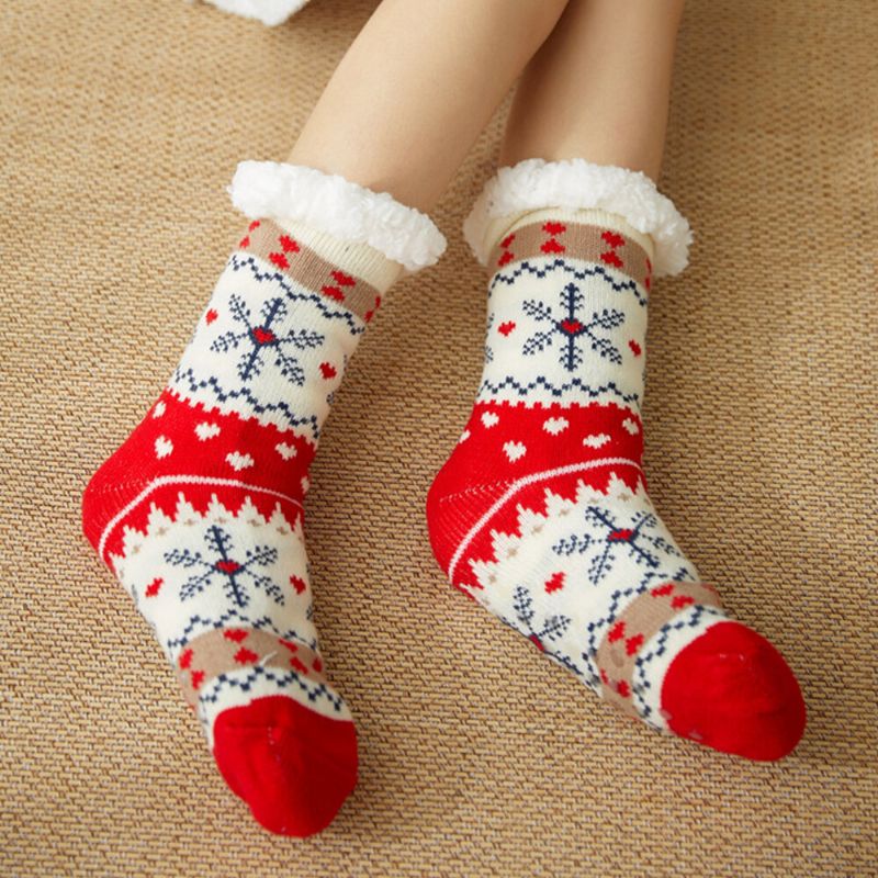 Frauen Warm Winter Outdoor Weihnachten Stil Schneeflockenmuster Plus Samt Verdicken Home Sleep Socken Schlauchsocken