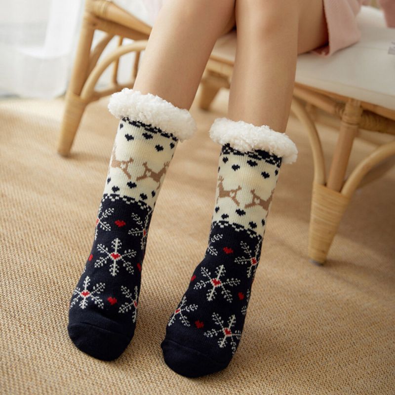 Frauen Warm Winter Outdoor Weihnachten Stil Schneeflockenmuster Plus Samt Verdicken Home Sleep Socken Schlauchsocken