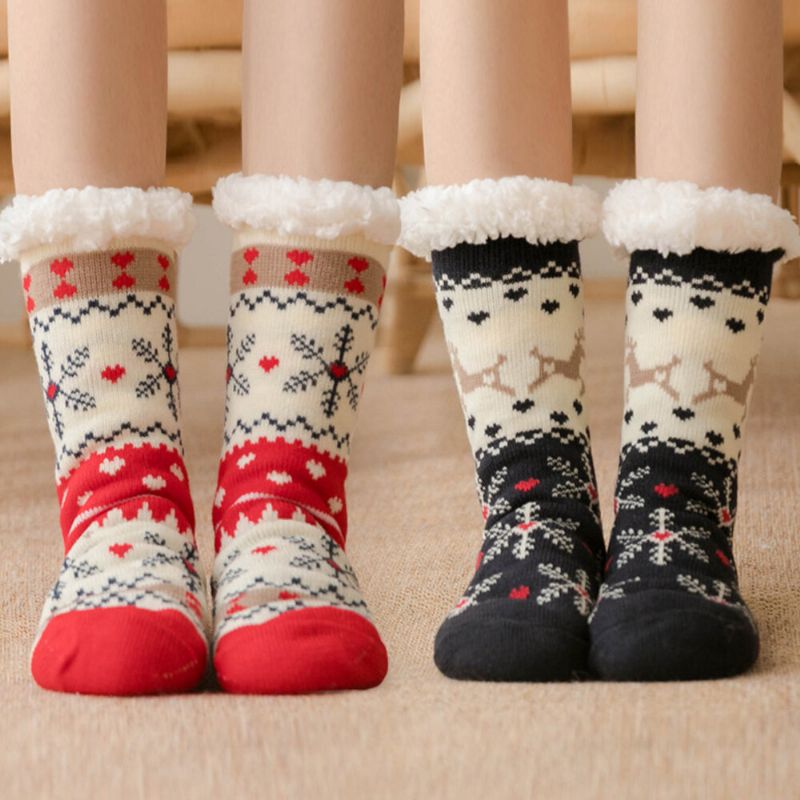 Frauen Warm Winter Outdoor Weihnachten Stil Schneeflockenmuster Plus Samt Verdicken Home Sleep Socken Schlauchsocken