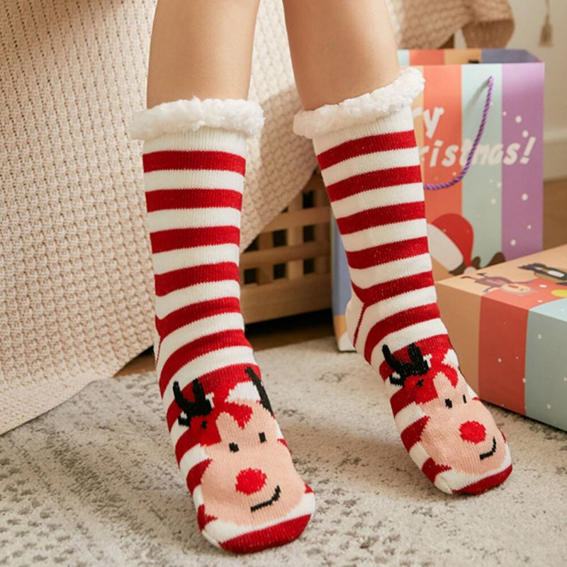 Frauen Warm Winter Outdoor Weihnachten Stil Streifen Elch Muster Plus Samt Verdicken Hause Schlaf Socken Schlauchsocken