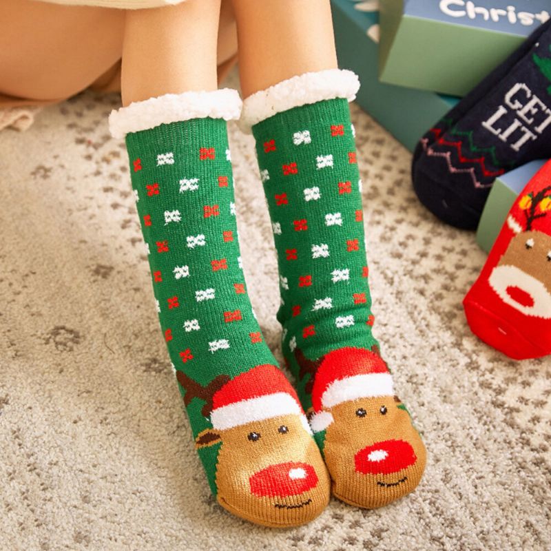 Frauen Warm Winter Outdoor Weihnachten Stil Weihnachtsmann Elch Muster Plus Samt Verdicken Hause Schlaf Socken Schlauchsocken