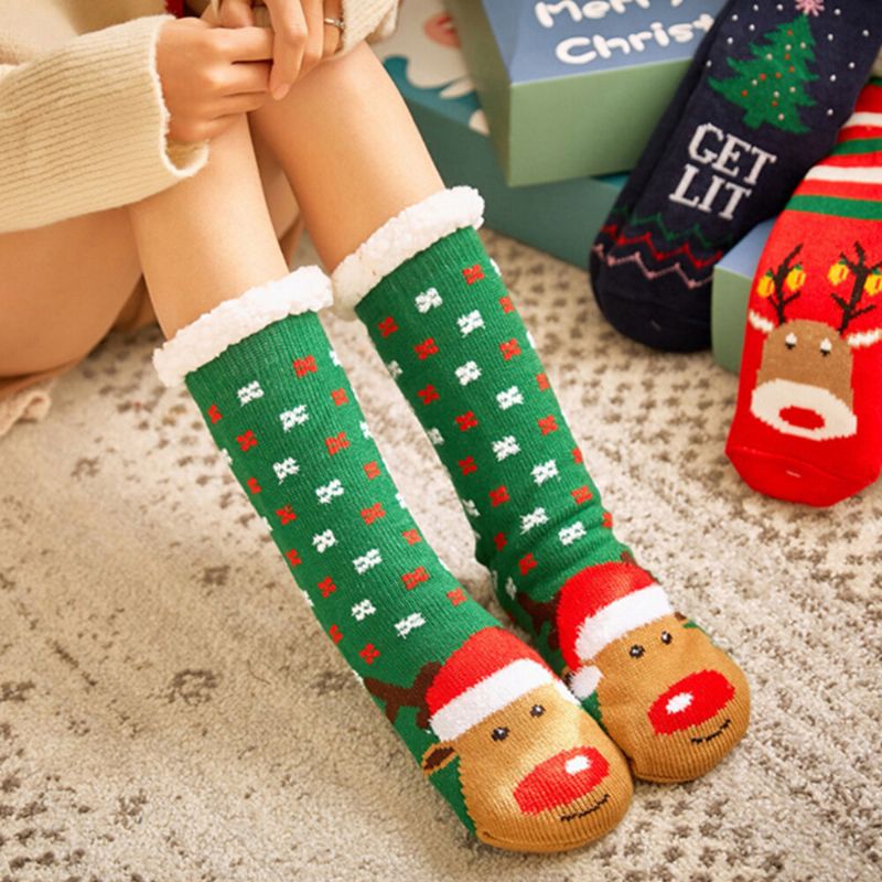 Frauen Warm Winter Outdoor Weihnachten Stil Weihnachtsmann Elch Muster Plus Samt Verdicken Hause Schlaf Socken Schlauchsocken