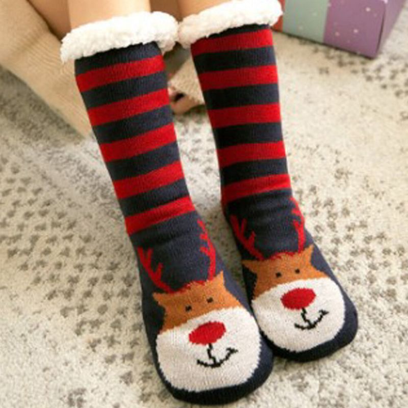 Frauen Warm Winter Outdoor Weihnachten Stil Weihnachtsmann Elch Muster Plus Samt Verdicken Hause Schlaf Socken Schlauchsocken