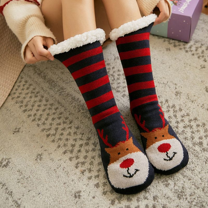 Frauen Warm Winter Outdoor Weihnachten Stil Weihnachtsmann Elch Muster Plus Samt Verdicken Hause Schlaf Socken Schlauchsocken