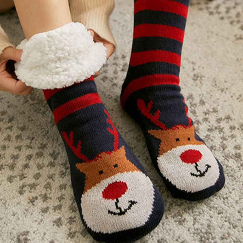 Frauen Warm Winter Outdoor Weihnachten Stil Weihnachtsmann Elch Muster Plus Samt Verdicken Hause Schlaf Socken Schlauchsocken