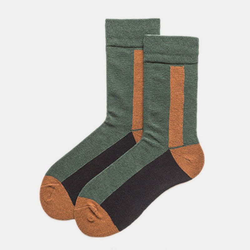 Lange Herrensocken Dunkelgrüne Designer Lines Kontrastfarbene Baumwollsocken