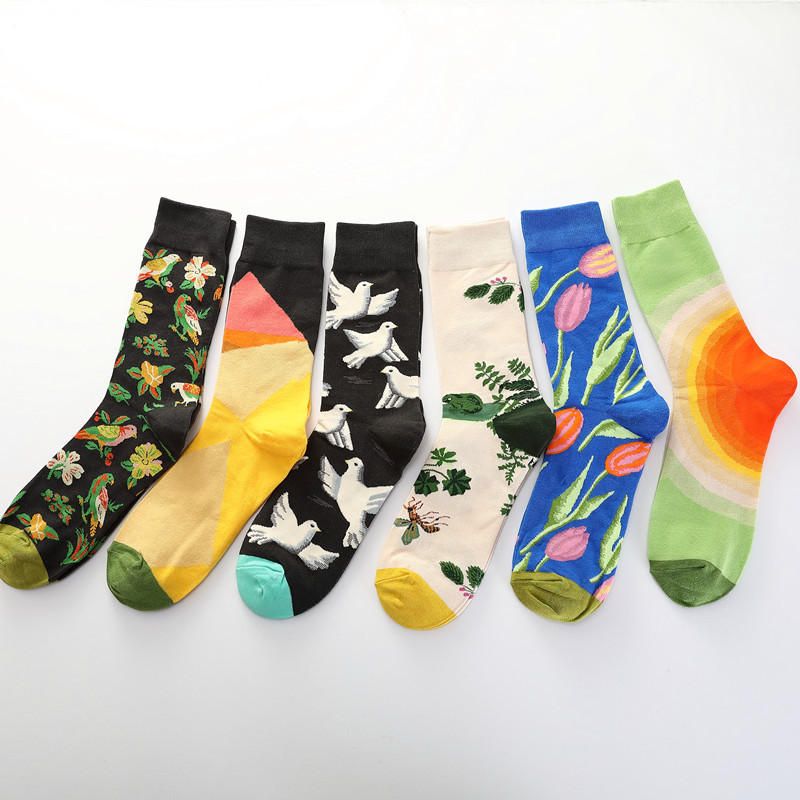 Männer Taube Tulpen Vögel Und Blumen Illustration Modesocken