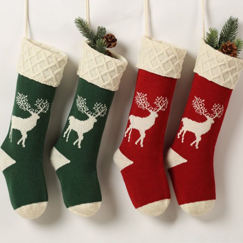 Unisex Gestrickte Weihnachtssocken Geschenktüte Ornamente Hausdekoration Elchmuster Warme Schlauchsocken