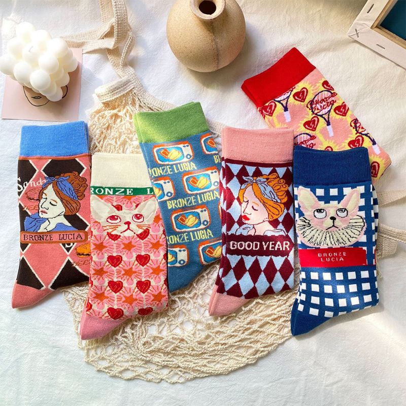 Unisex Japan Style Creative Illustration Patchwork Color Cute Couple Tube Socks