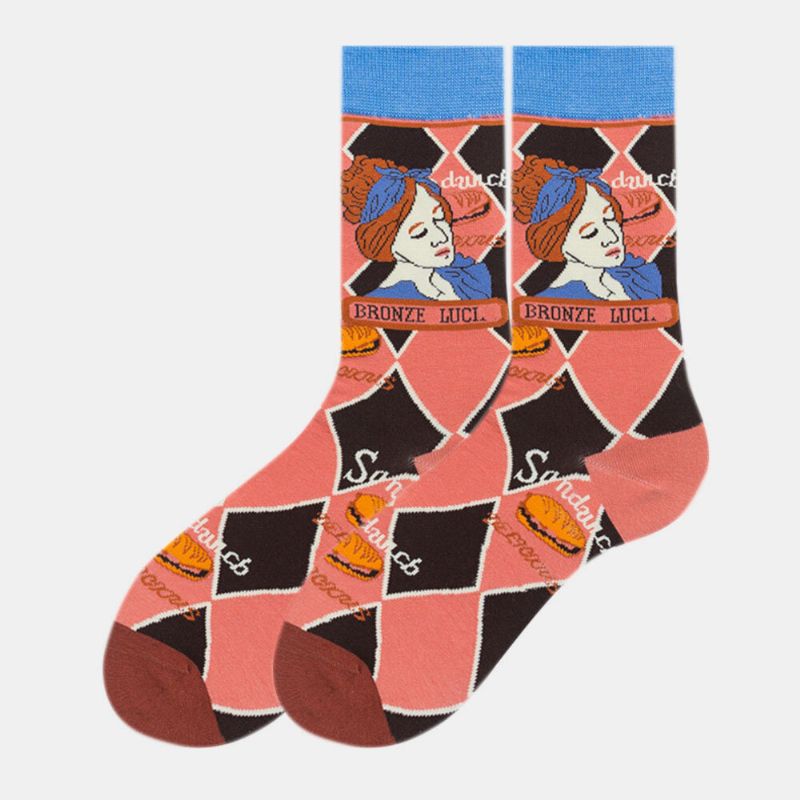 Unisex Japan Style Creative Illustration Patchwork Color Cute Couple Tube Socks