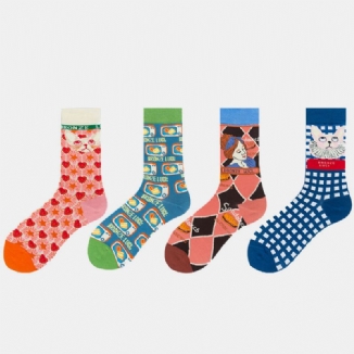 Unisex Japan Style Creative Illustration Patchwork Color Cute Couple Tube Socks