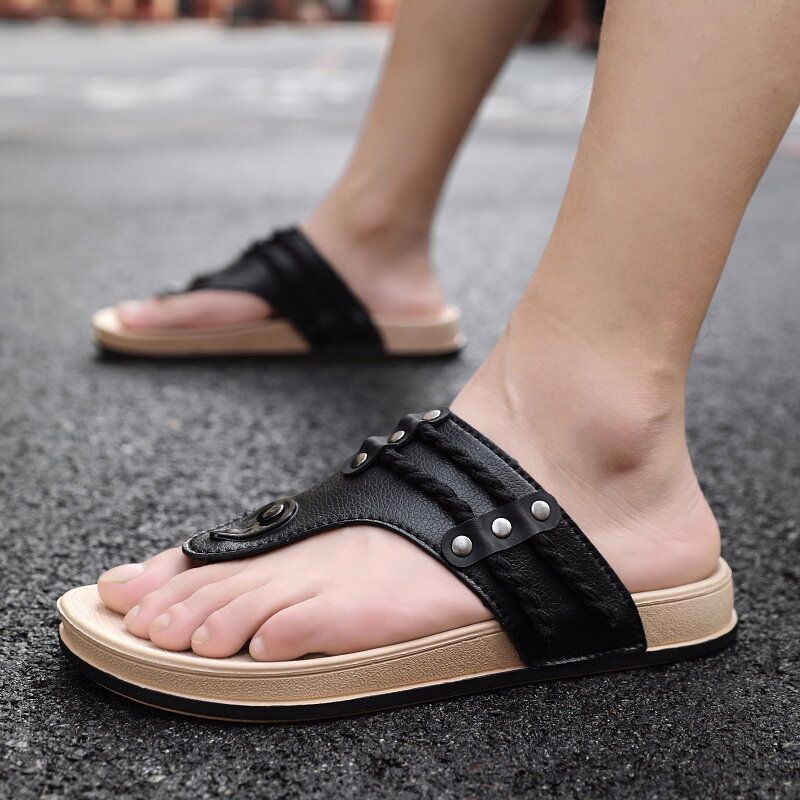 Atmungsaktive Bequeme Rutschfeste Flip-flops Aus Leder Für Herren Lässige Strandhausschuhe