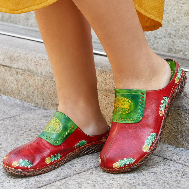 Echtes Leder Handgefertigt Retro-ethno-blumen-slip-on Bequeme Geschlossene Zehenhausschuhe